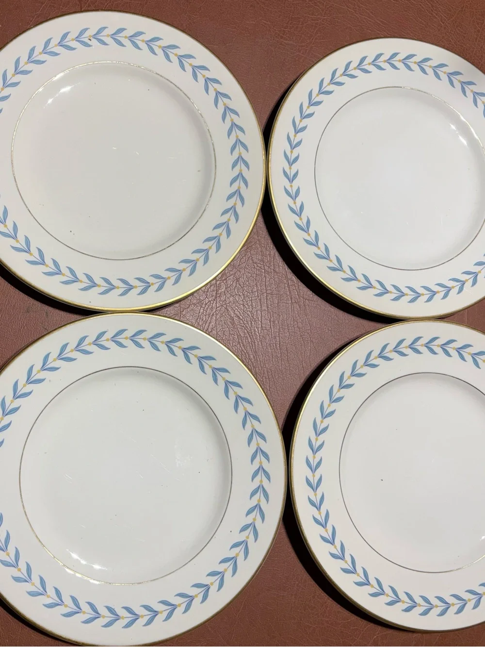 Old Ivory 9 3/4”Dinner Plates Pale Blue Laurel Border and Gold Trim - Set of 4
